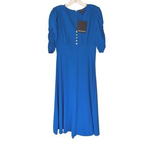 Halston Dress Women's V-Neck Shirred-Sleeve Flared Dress Midi Work Office Size 4